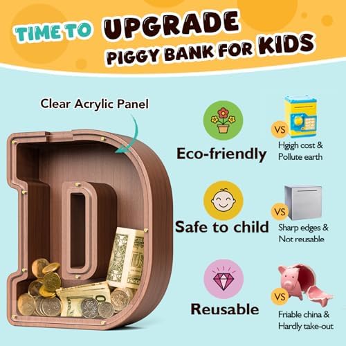 Summidate Wooden Letter Piggy Bank, Extra Thick Large Capacity Piggy Bank for Kids Boys Girls Toddler, Alphabet D Money Bank| Coin Box Birthday, Christmas, Festival