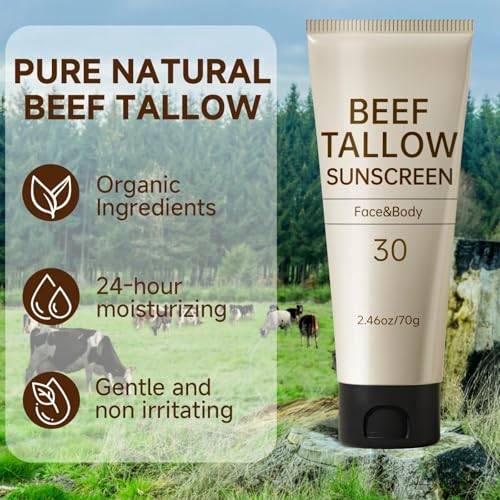 Tallow Sunscreen, Beef Tallow for Skin, Organic Beef Tallow Sunscreen, Unscented Grass-Fed Beef Tallow Natural Moisturizing Cream for All Skin Type Deep Hydration Non Greasy Anti White Cast