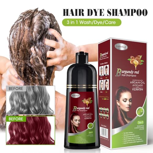 Natural Hair Dye Shampoo 3 IN 1, Hair Color for Gray Hair Coverage, Hair Coloring Shampoo for Women, Color Shampoo Beard Dye for Men, Vegan Ammonia Free Hair Shampoo (BURGUNDY RED)