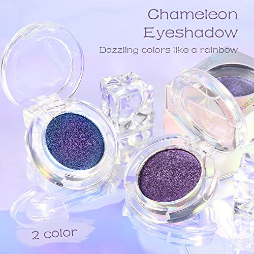 evpct 2Pcs Dark Royal blue Blue purple Duochrome MultiChrome Chameleon Rainbow Chrome Shimmer Eyeshadow Palette Set Loose High Pigment Metallic Holographic Eyeshadow Makeup Pallet, 2g, (02&04)