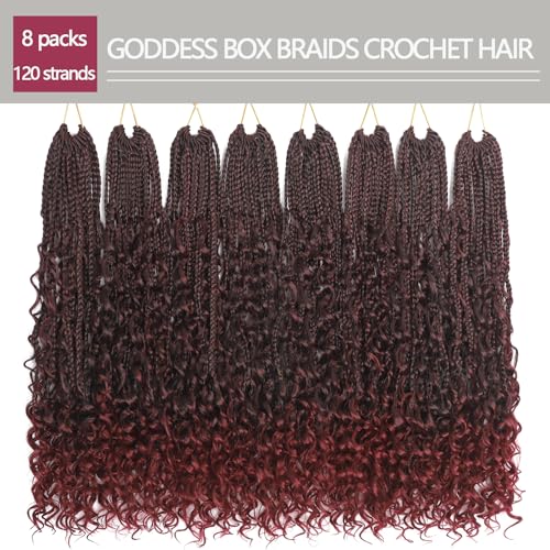 TBUG Goddess Crochet Braids 24 Inch Ombre Burgundy Crochet Boho Braids 8 Packs 3X Crochet Hair Bohomian Box Braids Crochet Braids Messy Pre-looped Synthetic Crochet Braids for Black Women