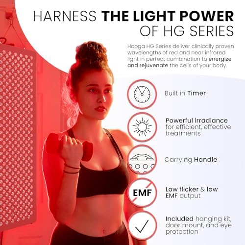 Hooga Red Light Therapy Panel for Face & Body, 60 LEDs, 660nm & 850nm Near Infrared, Timer for Pain Relief, Skin Health, Anti-Aging, Sleep, Energy & Recovery, Includes Hanging Kit & Handle - HG300