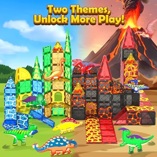 102PCS Dinosaur Toys Magnetic Tiles with 8 Dinosaurs for Kids 3-5 5-7, Jurassic Scenes Dinosaur World Set, Magnetic Blocks Kids Sensory Toys for Boys & Girls Ages 3+, Classroom Must Haves