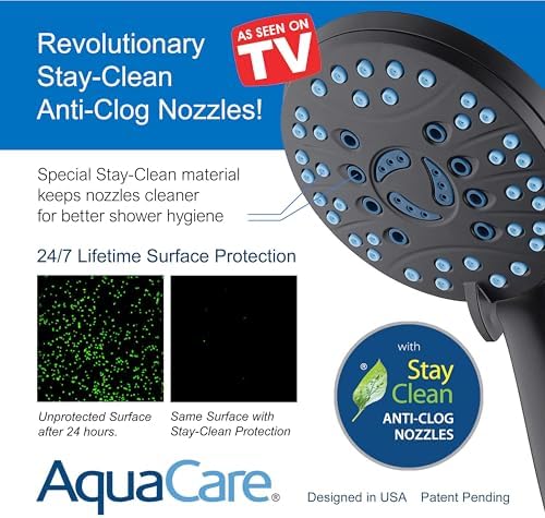 Hotel Spa AquaCare As-Seen-On-TV High Pressure Handheld/Rain 50-mode 3-way Shower Head Combo with Adjustable Arm - Anti-clog Nozzles, Tub & Pet Power Wash, 6 ft. Hose, Matte Black Finish