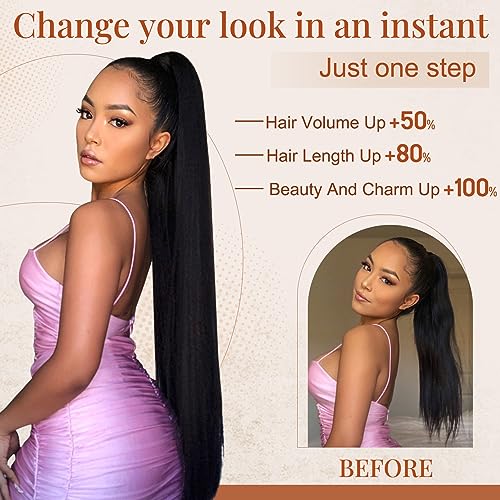 FLUFYMOOZ ponytail extension, 26 Inch Long Straight Drawstring Ponytail Synthetic Hairpieces Fake Pony Tails Natural Soft Clip in Hair Extension ponytail for Women (Medium Brown with Medium Auburn)
