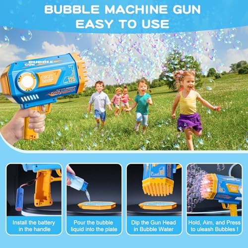 Bubble Gun, 125 Holes Bubble Machine with Lights, Bubble Guns for Kids Ages 4-8 Year Old, Big Bubble Gun Blaster for Wedding, Summer Outdoor Toy Birthday Bubble Maker Party Favors (Blue)