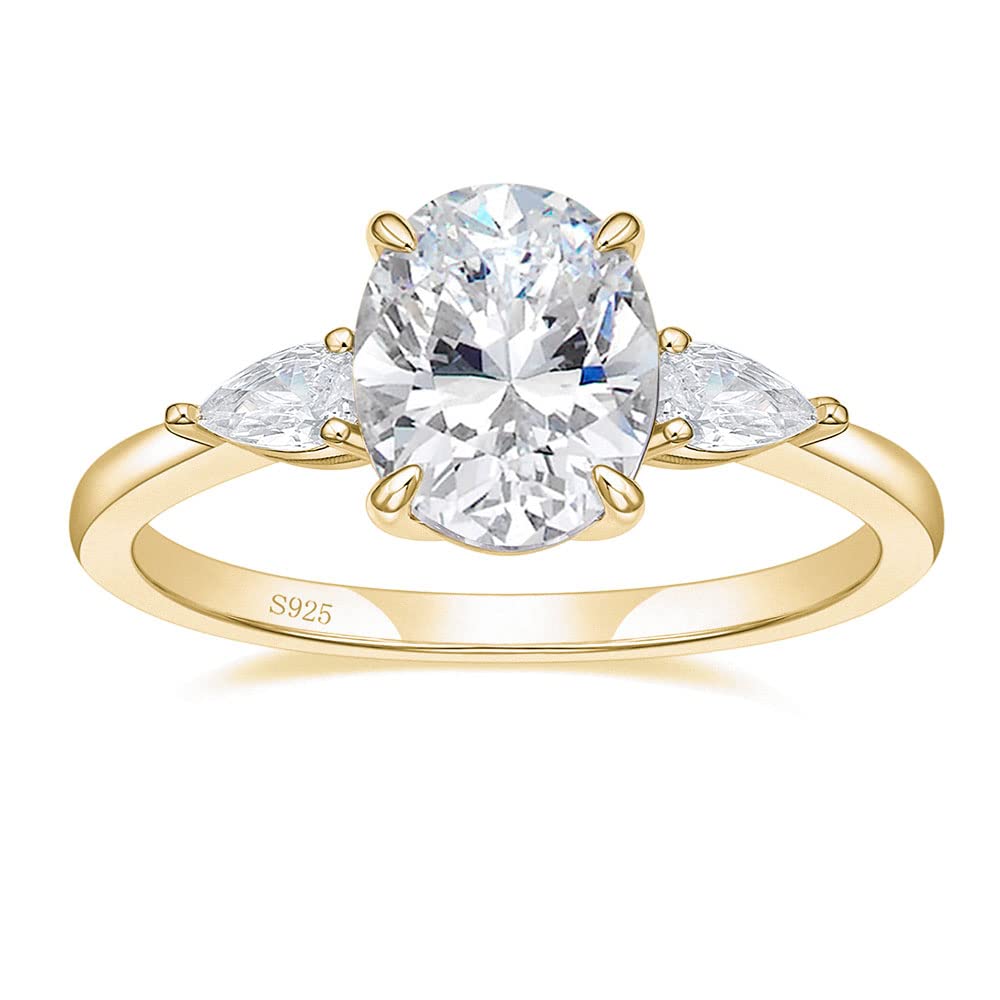 EAMTI 3CT 925 Sterling Silver Engagement Rings 3-Stone Oval Cut Cubic Zirconia CZ Wedding Promise Rings for Her 14K Gold Plated Wedding Bands for Women Size 6