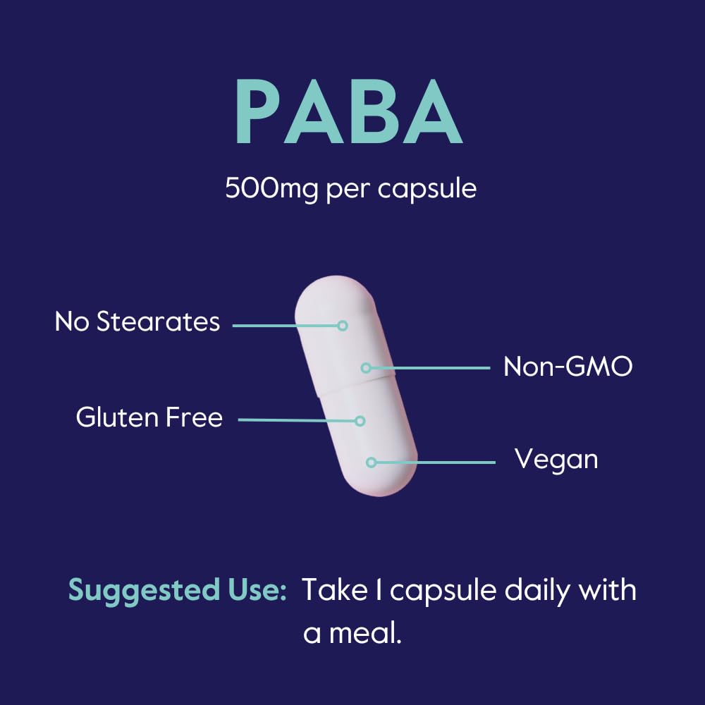 BESTVITE PABA 500mg (120 Vegetarian Capsules) (para-Aminobenzoic Acid) - No Stearates - Vegan - Non GMO - Gluten Free