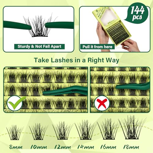 Lash Clusters 3D Effect Eyelash Clusters KEYYOU 144pcs D Curl 10mm Wispy Lashes Fluffy Cluster Lashes Natural Soft DIY Lash Extension(Radiance-D-10)