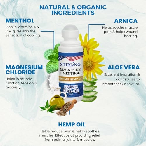 Stirling Menthol Roll On Lotion with Magnesium and 1500mg Pure Hemp - Non-GMO, THC-Free - Fast-Acting Relief for Sore Muscles and Joints, Reduces Swelling and Redness, Promotes Post-Workout Recovery