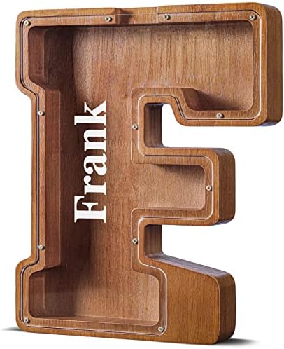 Summidate Customized Name Extra Large Wooden Piggy Bank for Kids Boys Girls Alphabets Letter A-Z Coins Bills Money Change Saving Box Clear Cover (Laser Engraved) Educational Toys 12"- Letter F