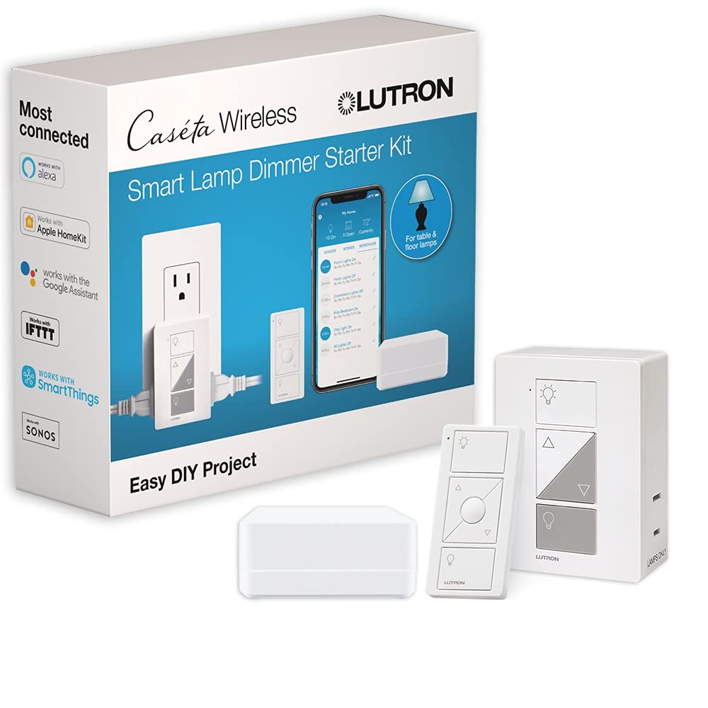 Lutron Caseta Smart Plug Start Kit for Lamps, Plug-in Lamp Dimmer Switch with Smart Bridge and Pico Remote, Compatible with Alexa, Apple HomeKit, and The Google Assistant, P-BDG-PKG1P, White