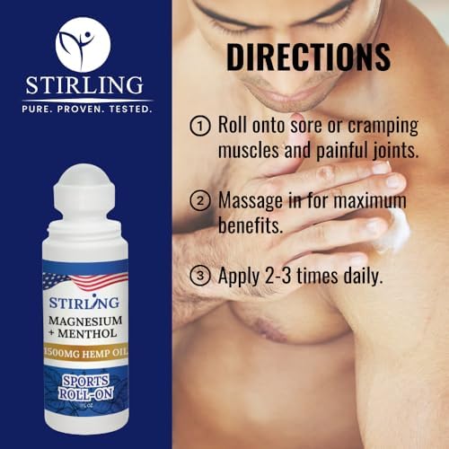 Stirling Menthol Roll On Lotion with Magnesium and 1500mg Pure Hemp - Non-GMO, THC-Free - Fast-Acting Relief for Sore Muscles and Joints, Reduces Swelling and Redness, Promotes Post-Workout Recovery