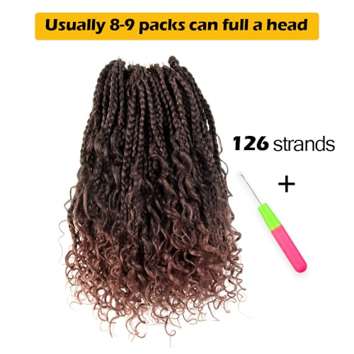 9 Packs Goddess Box Braids Crochet Hair 12 Inch Boho Box Braids with Curly Ends Synthetic Crochet Hair for Women, T30/Ombre Medium Dark Brown