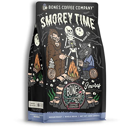 Bones Coffee Company S'morey Time Flavored Coffee Beans, Whole Bean Coffee Medium Roast Low Acid, S'mores and Graham Crackers Flavor (12 oz)