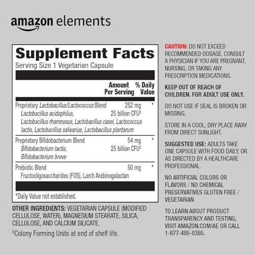 Amazon Elements Women's Probiotic 50 billion CFU per serving, vegetarian, Supports Urinary Track and Vaginal Health, 60 capsules