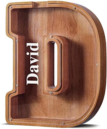 Summidate Customized Name Extra Large Wooden Piggy Bank for Kids Boys Girls Alphabets Letter A-Z Coins Bills Money Change Saving Box Clear Cover (Laser Engraved) Educational Toys 12"- Letter D