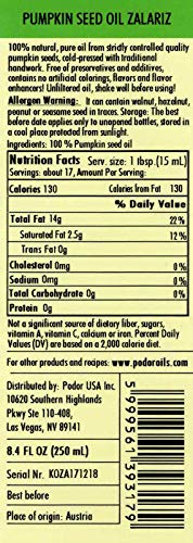 PÖDÖR Premium Zalariz Pumpkin Seed Oil - 8.4 fl. Oz. - Cold-Pressed, 100% Natural, Unrefined and Unfiltered, Vegan, Gluten-Free, Non-GMO in Glass Bottle