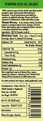 PÖDÖR Premium Zalariz Pumpkin Seed Oil - 8.4 fl. Oz. - Cold-Pressed, 100% Natural, Unrefined and Unfiltered, Vegan, Gluten-Free, Non-GMO in Glass Bottle