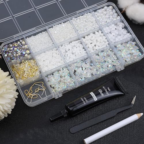Flatback Nail Art Pearls Flower Bow Nail Charms with Nail Rhinestones Glue Gel Gold Silver Butterfly Nail Supplies Colorful Nail Pearls Rhinestones Gems for Women Acrylic Nail Decoratons