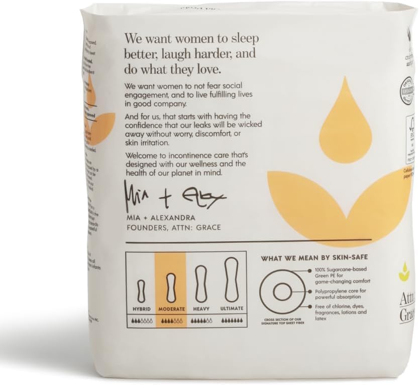 Attn: Grace Moderate Incontinence Pads for Women 2-Pack (56 Pads Total / 28 per Pack) - High Absorbency for Sensitive Skin - Protection for Heavy Bladder Leakage/Discreet, Breathable, & Plant-Based