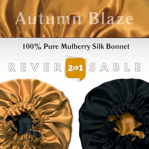 100% Pure Silk Bonnet for Sleeping Women - Reversible Mulberry Silk Hair Wrap - Satin Sleep Bonnet for Black Women - Silk Bonnet Satin Head Wrap for Sleeping - Made in USA (Amber Yellow and Black)