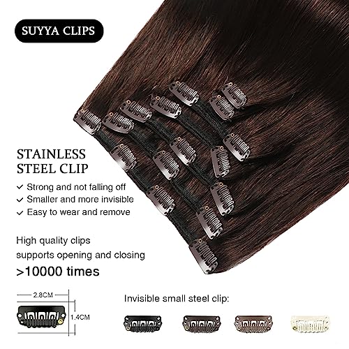 SUYYA Clip in Hair Extensions Real Human Hair,Human Hair Extensions Clip ins Straight Human Hair Clip ins Double Weft Hair Extensions Clip ins 7pcs 120g(18 inches #2 Darkest Brown)