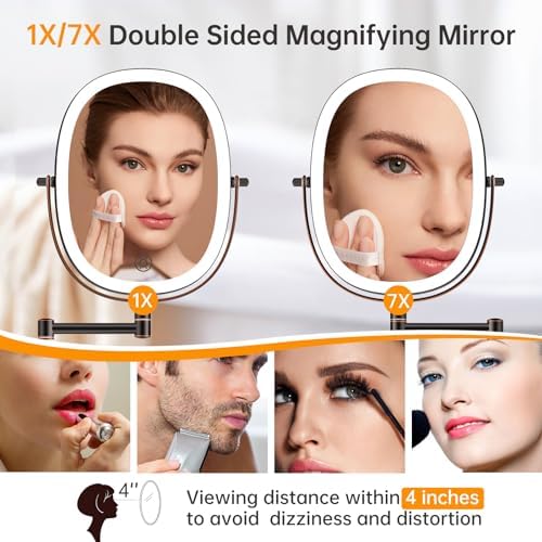 Rechargeable Wall Mounted Lighted Makeup Mirror, 8 Inch Double Sided LED Vanity Mirror 1X/7X Magnification,3 Color Lights Touch Dimmable Oval Frame 360°Swivel Magnifying Bathroom Mirror Antique Bronze
