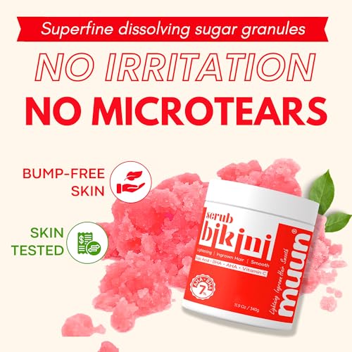 Bikini Area Exfoliator, 2% Kojic Acid Vitamin C & 7% AHA/BHA Even Skin Tone & Ingrown Hair - Underarm Scrub - Radian, Smoothe & Soften Body Scrub