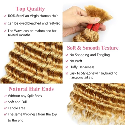 Deep Wave Bulk Human Hair for Braiding No Weft 100 g (1 Pack-2 Bundles) 100% Unprocessed Brazilian Virgin Human Hair Bulk Human Braiding Hair For BOHO Braids Curly Deep Bulk 22 inch Honey Blonde #27