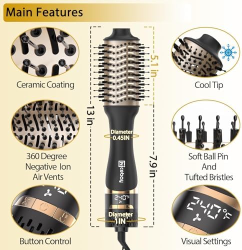 Nicebay Hair Dryer Brush, Hot Tools Blow Dryer Brush for Women, One Step Blowout Brush with Display Screen, Oval Ceramic Barrel, Negative Ion
