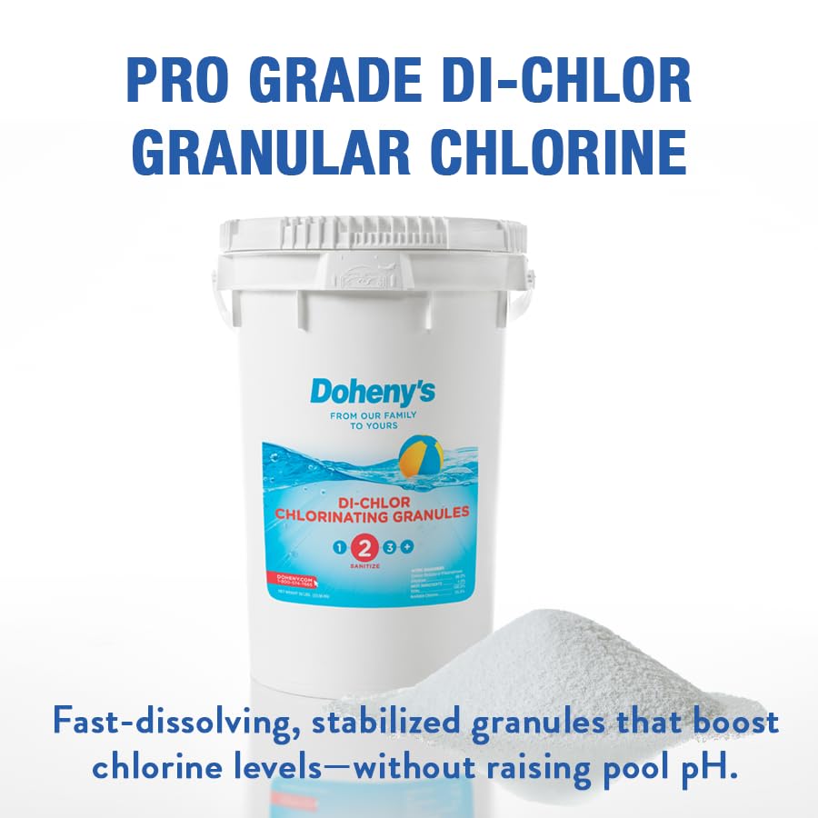 Doheny's Di-Chlor Granular Chlorine | Pro-Grade 3-in-1 Pool Sanitizer, Shock & Algaecide | Fast-Dissolving, Calcium-Free, No Residue | 99.5% Sodium Dichlor with 56% Stabilized Chlorine | 50lb Bucket