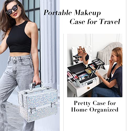 FRENESSA Makeup Case Cosmetic Organizer Case Extra Large 12 Inch 6 Trays Portable Makeup Organizer Case Make Up Carrying Box with Lockable for Esthetician Nail Students Craft Travel Glitter Silver