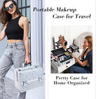 FRENESSA Makeup Case Cosmetic Organizer Case Extra Large 12 Inch 6 Trays Portable Makeup Organizer Case Make Up Carrying Box with Lockable for Esthetician Nail Students Craft Travel Glitter Silver