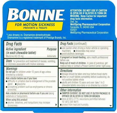 Bonine for Motion Sickness Chewable Tablets, Raspberry Flavored, 16 Tablets (3 Pack)