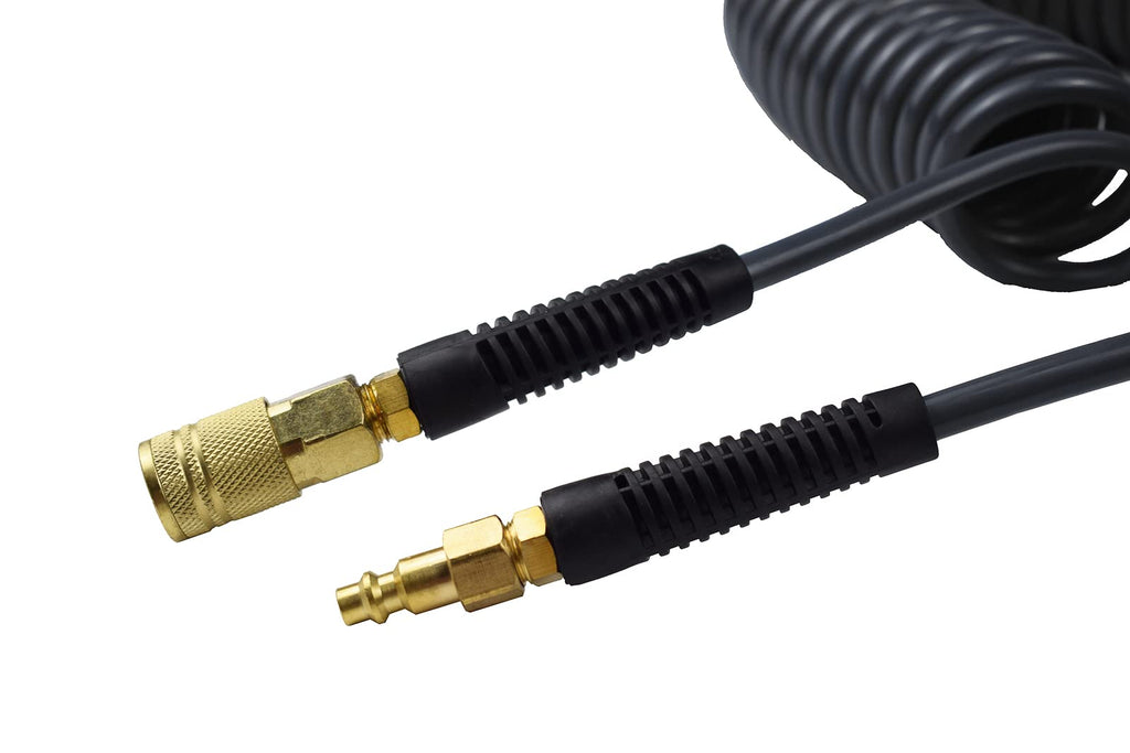 YOTOO Polyurethane Recoil Air Hose 1/4" Inner Diameter by 25' Long with Bend Restrictor, 1/4" Industrial Quick Coupler and Plug, Black. 2-Pack