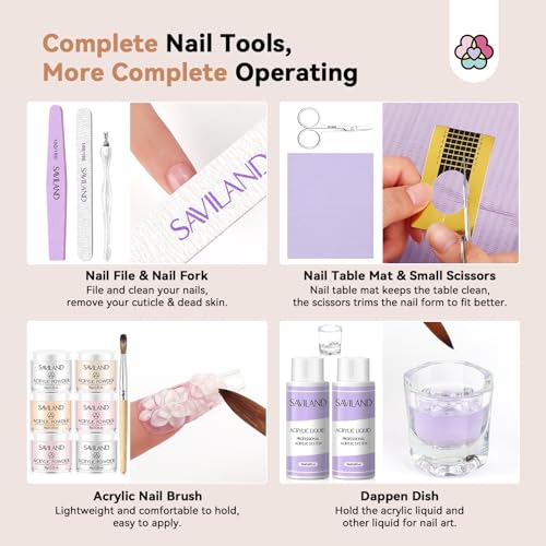SAVILAND Acrylic Nail Kit with Essential Oils: 6 Colors Acrylic Powder and Acrylic Liquid with Practice Mat Acrylic Nail Set for beginners with Everything for Starter DIY Home Nails Art