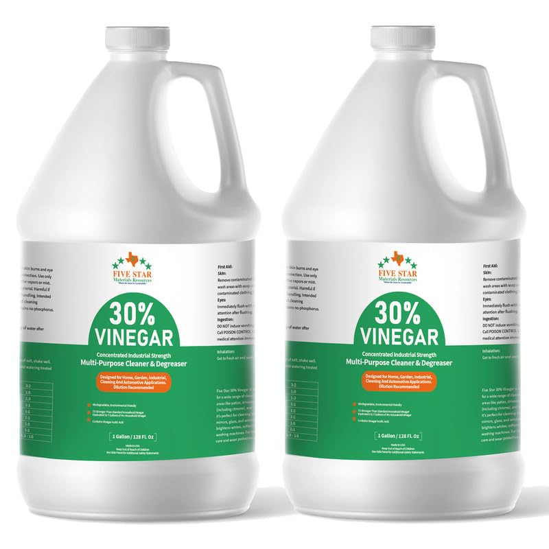 FIVE STAR MATERIALS RESOURCES 30% Vinegar Concentrated | White Vinegar for Cleaning and Garden | Home, and Outdoor Pure | Max Performance 7X Power | with Instructions (2 Gallon)