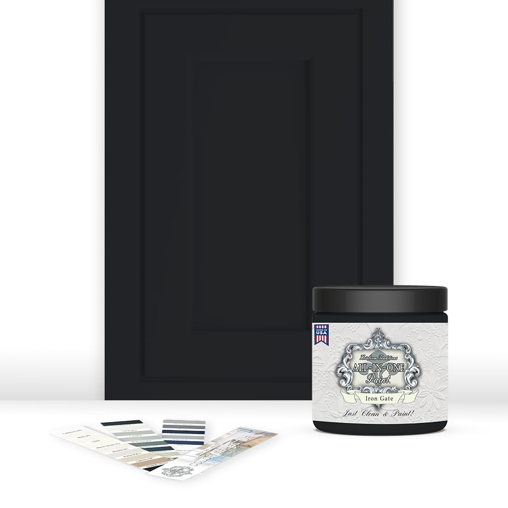 ALL-IN-ONE Paint by Heirloom Traditions, Iron Gate (Black), 8oz Sample - Durable cabinet and furniture paint. Built in primer and top coat, no sanding needed. Includes our 30 featured color card.