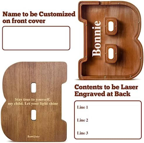 Summidate Customized Name Extra Large Wooden Piggy Bank for Kids Boys Girls Alphabets Letter A-Z Coins Bills Money Change Saving Box (Laser Engraved) Educational Toys 12"- Letter B