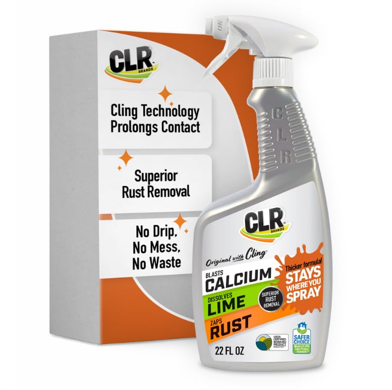CLR Brands Calcium, Lime & Rust Remover with Cling, 22 oz. Spray Bottle, Adheres to Hard-to-Reach Surfaces, Blasts Calcium, Dissolves Lime Deposits, Zaps Stubborn Rust Stains and Hard Water Deposits