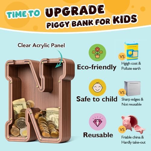 Summidate Wooden Letter Piggy Bank, Extra Thick Large Capacity Piggy Bank for Kids Boys Girls Toddler, Alphabet N Money Bank| Coin Box Birthday, Christmas, Festival