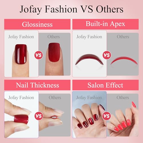 Press on Nails Short, Jofay Fashion 160Pcs Red Glitter Press On Nails Round, Bright Red Acrylic Fake Nails, Reusable Glue on Nails Stick on Nails for Women, Salon Quality, Valentines Nails, Ruby Red