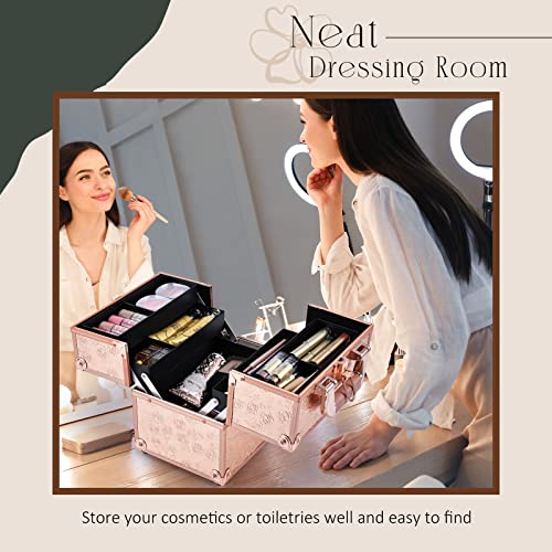 FRENESSA Makeup Train Case Cosmetic Box Portable Makeup Case Organizer 4 Trays Travel Case Storage with Dividers Lockable for Makeup Artist, Crafter, Makeup Tools Rose Gold Floral