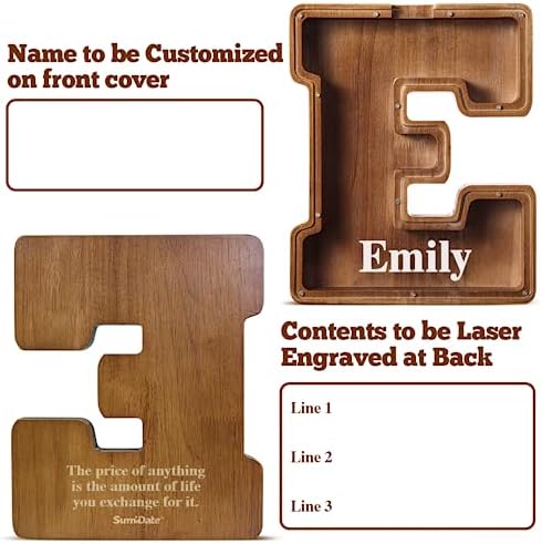 Summidate Customized Name Extra Large Wooden Piggy Bank for Kids Boys Girls Alphabets Letter A-Z Coins Bills Money Change Bank Initial on Clear Cover (Laser Engraved) Educational Toys 12"- Letter E