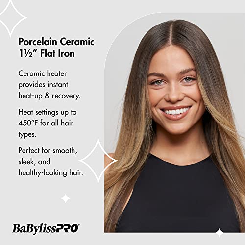 BaBylissPRO Porcelain Flat Iron Hair Straightener, Hair Straightener Iron for Professional Salon Results and All Hair Types