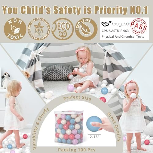 GOGOSO Ball Pit Balls for Toddler, Baby Plastic Playballs Kids Soft Pastel Pelotas Non-Toxic BPA-Free,Cream Pink+Blue+Purple+White,100 Balls