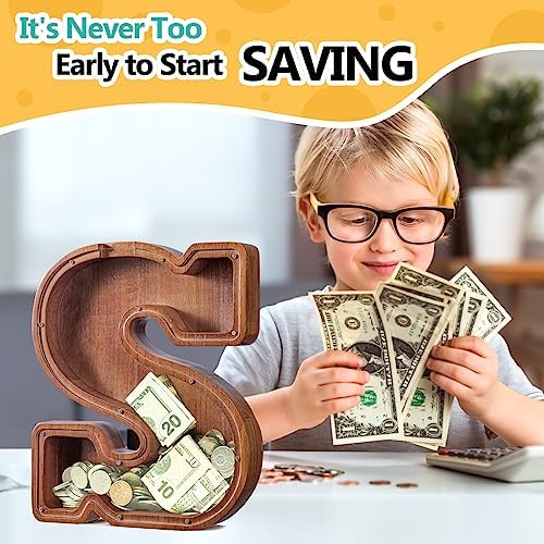 Summidate Customized Name Extra Large Wooden Piggy Bank for Kids Boys Girls Letter A-Z Coins Bills Money Change Bank Box Initial on Clear Cover (Laser Engraved) Educational Toys 12"- Letter S