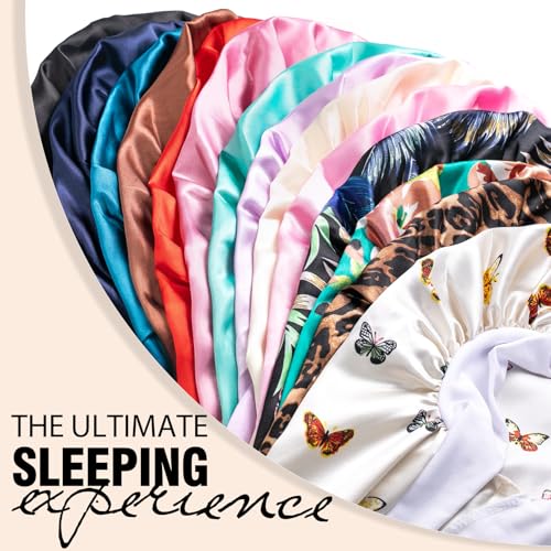 3Pcs Bonnets for Black Women Braid Bonnet, Large Long Satin Bonnet for Braids, Black Women Satin Silk Bonnet with Stretchy Tie Band Sleep Bonnet Cap for Long Curly Hair (Green & Black Pattern & Brown)