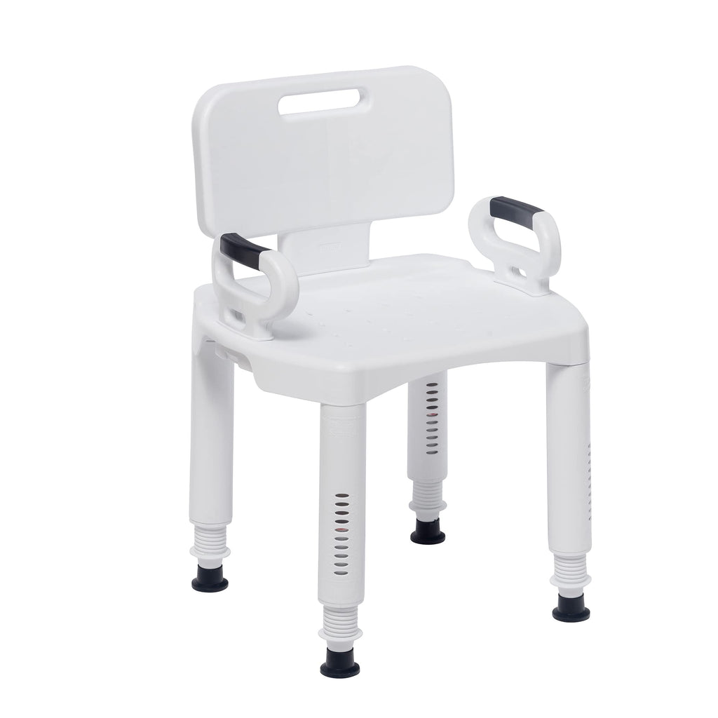 Drive Medical Bathroom Bench with Back & Arms - Adjustable Height - Suction Tip Legs for Stability - Durable Plastic Seat - 350 Lb Capacity - White